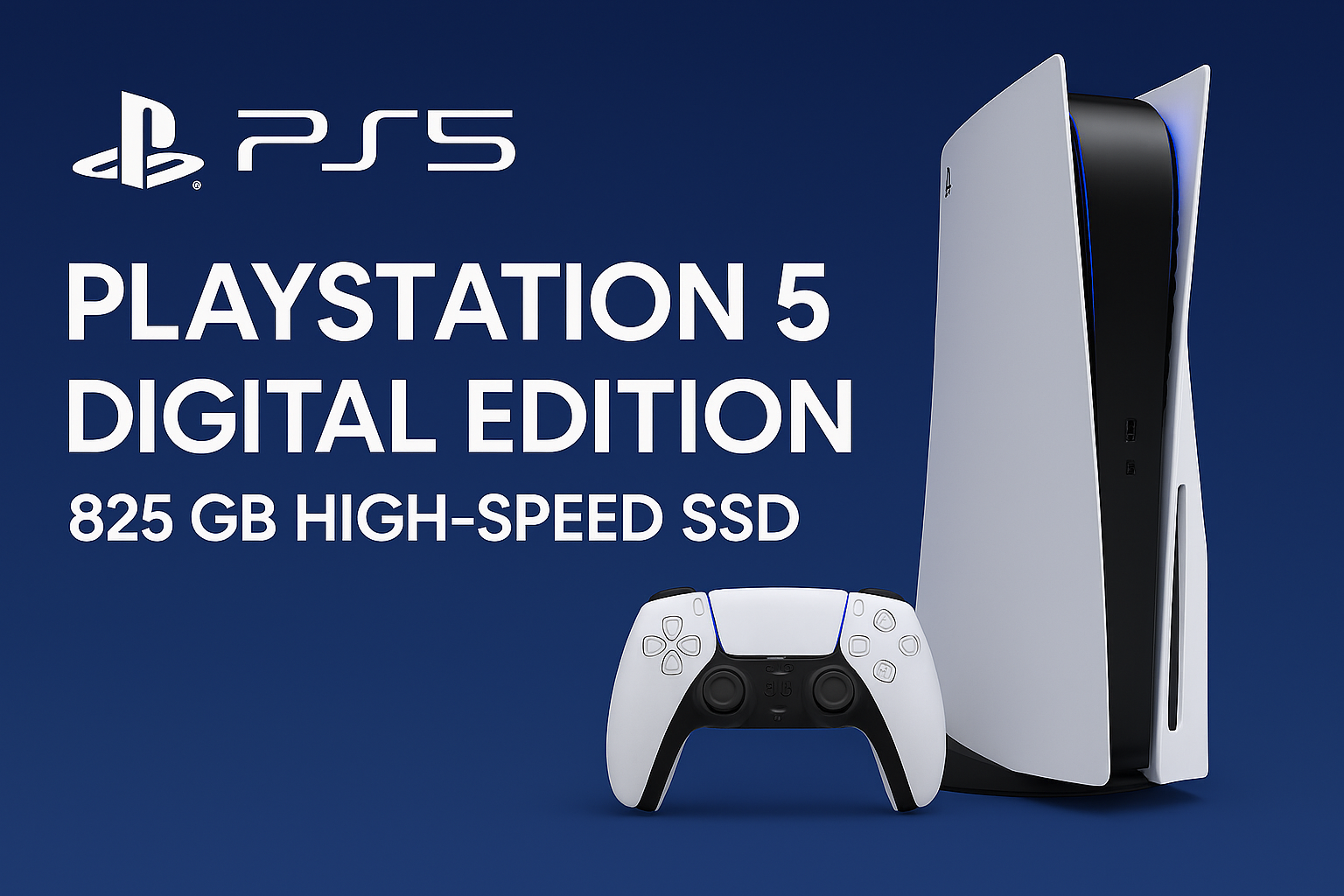 PlayStation 5 Digital Edition — Sony’s all‑digital version of the PS5 with an 825 GB high‑speed SSD for downloading and playing games without a disc drive.